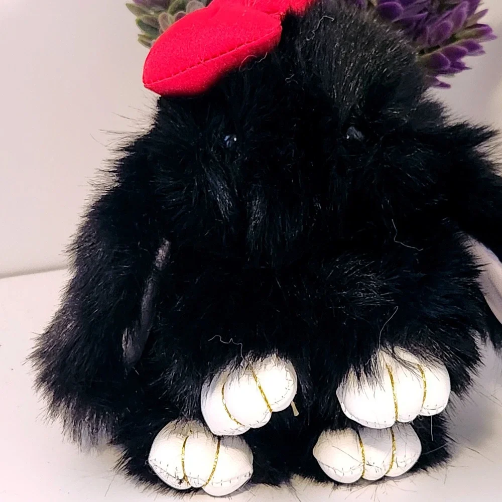 Black Faux Fur Bunny Keychain Plush Bag Charm with Red Bow and White Paws 5.0